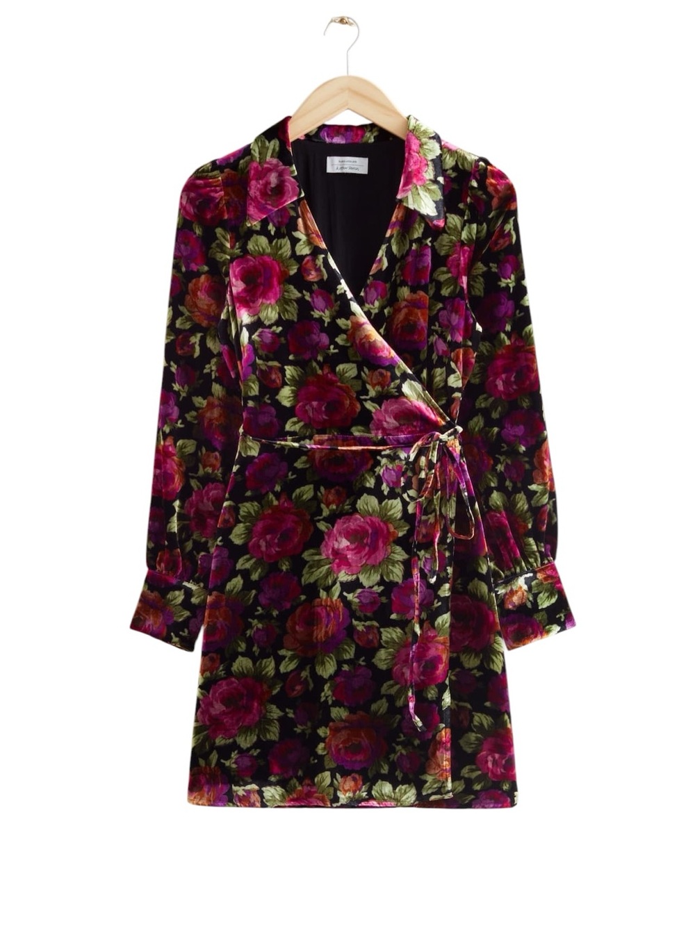 PARIS ATELIER & OTHER STORIES Women's Floral Velvet Wrap Mini Dress Black Pink